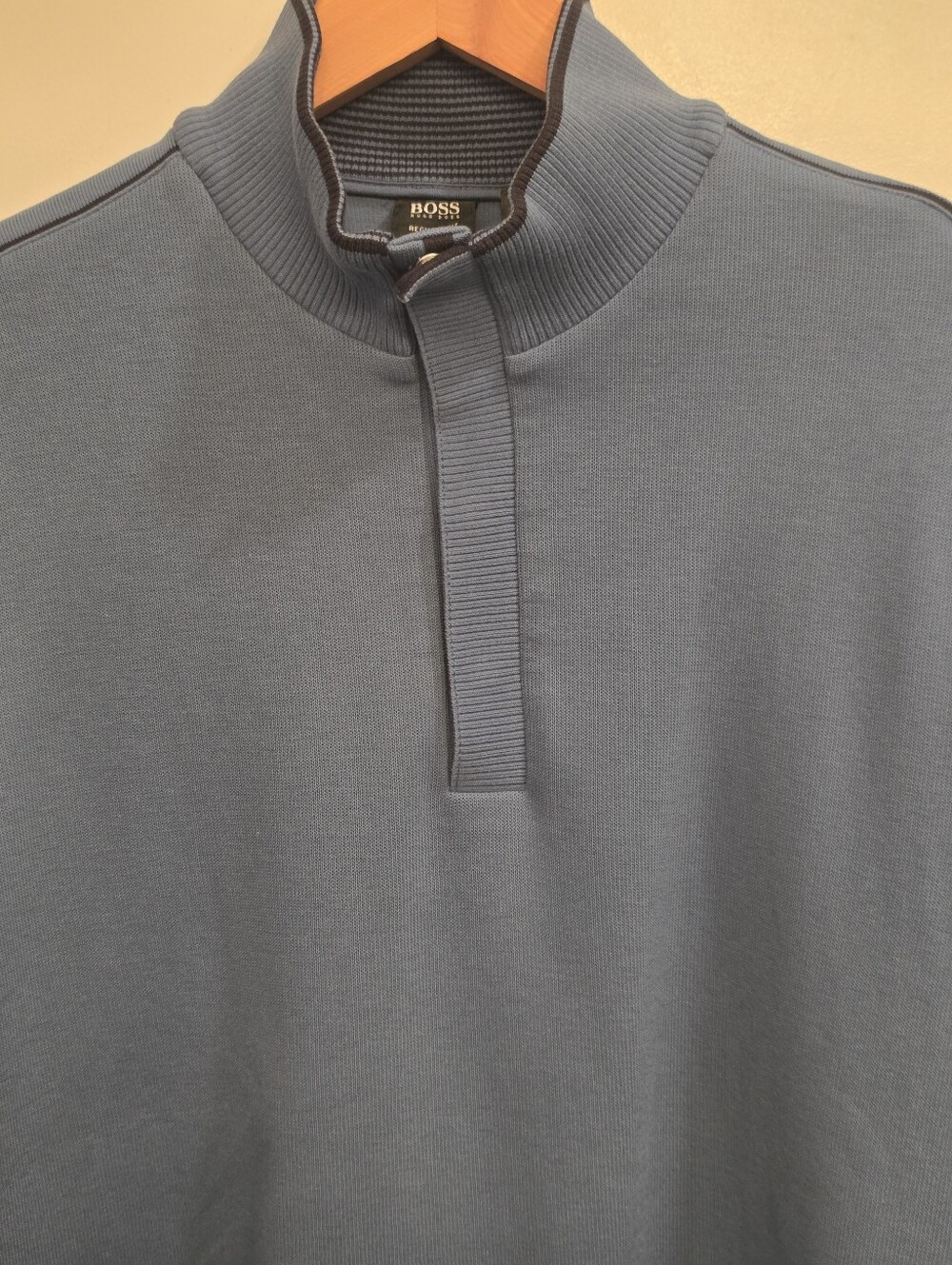 Hugo Boss Sweater Mens Large Blue 1/4 Mock Neck Snap Buttons Regular Fit Cozy